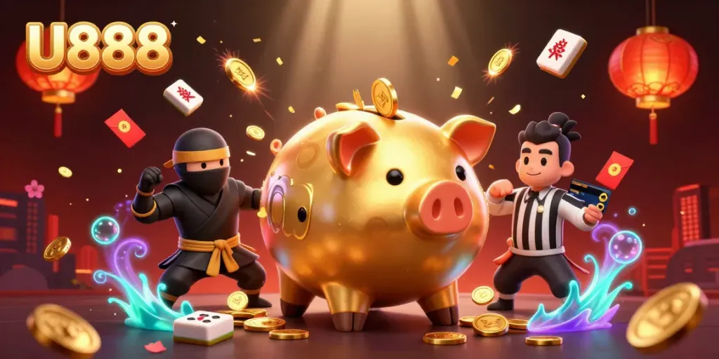 U888's dynamic carnival scene showcases a golden sumo wrestler, wallet-ninja, and credit-card referee amid thrilling casino elements.