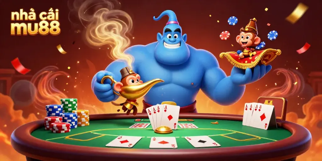 Experience excitement at nhà cái mu88 with a vibrant casino scene featuring a genie, monkey, and poker elements.