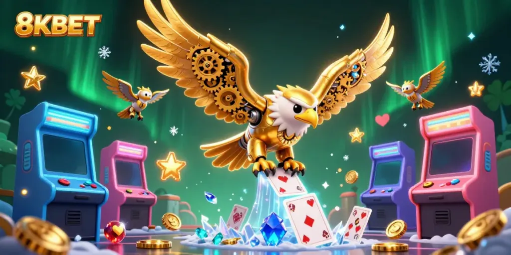 8KBET features a dynamic scene with a golden eagle and arcade elements amidst holographic cards, showcasing vibrant casino themes.