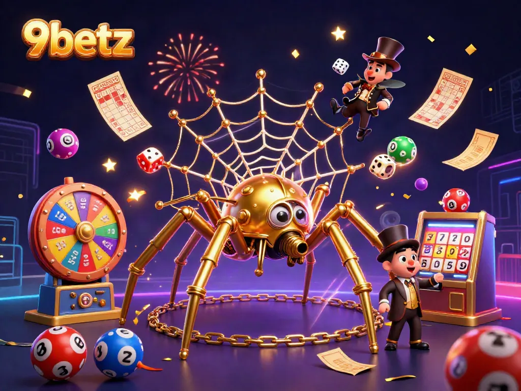 Engage with the thrilling atmosphere of 9betz, featuring a steampunk spider and gaming elements.