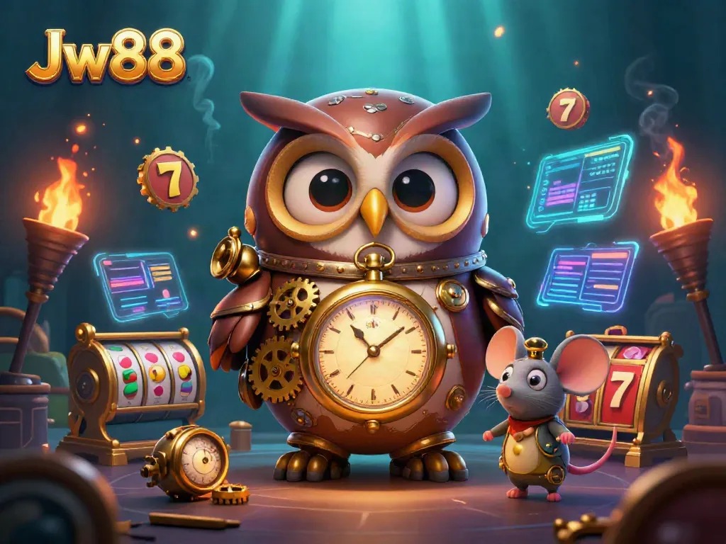 Experience the excitement of Jw88 casino gaming with a whimsical 3D illustration featuring an owl and steampunk elements.