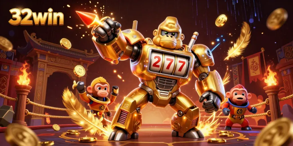 32win gaming experience illustration with a golden gorilla mech and dynamic casino elements.