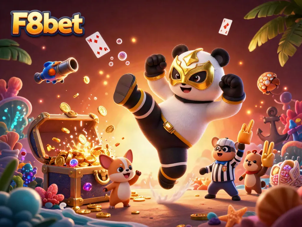 Experience thrilling action at F8bet, showcasing a dynamic wrestling panda among colorful casino treasures.