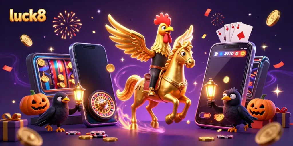 Engaging gaming scene featuring luck8's golden rooster mascot winning in a vibrant online casino.