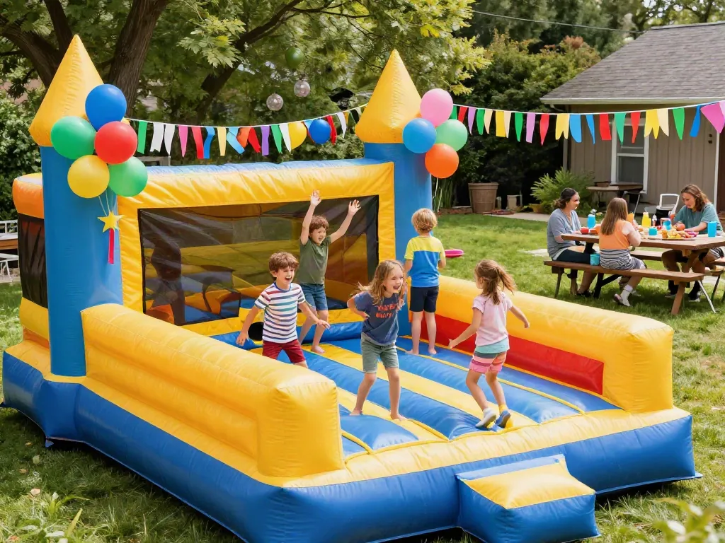 Kids enjoying a bounce castle in a festive outdoor party setting, filled with laughter and joy.