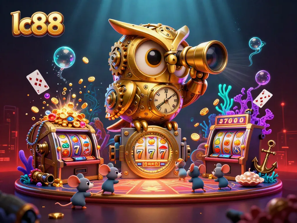 Win big with lc88 in a vibrant casino scene featuring golden owl and lucky symbols.