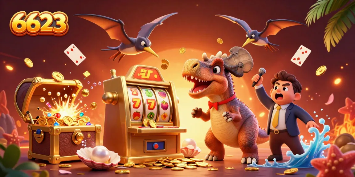 Engaging 6623 casino illustration featuring a dinosaur winning at a slot machine.