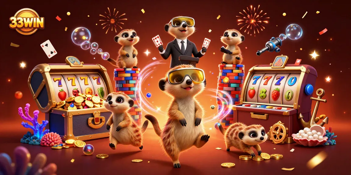Engage with 33WIN at a lively cartoon casino, featuring meerkats in action with slot machines.
