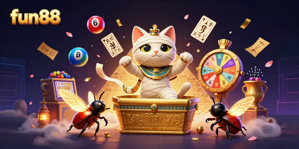 Engage with fun88 through a vibrant casino scene featuring an Egyptian mummy cat and golden lottery elements.