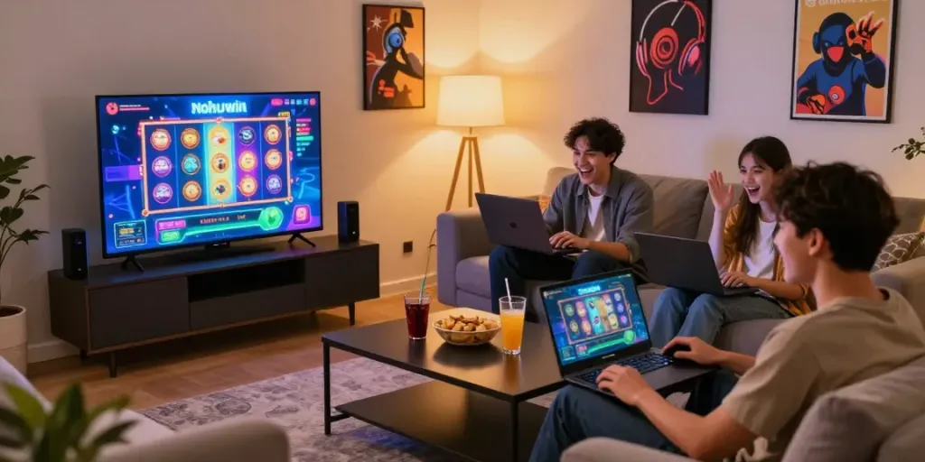 Friends enjoying the excitement of online games at https://choinohu.vip/ in a cozy setting
