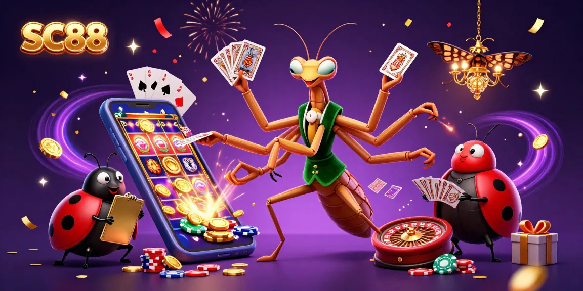 SC88 captivates players as a giant mantis and ladybug deal cards in a vibrant casino scene.