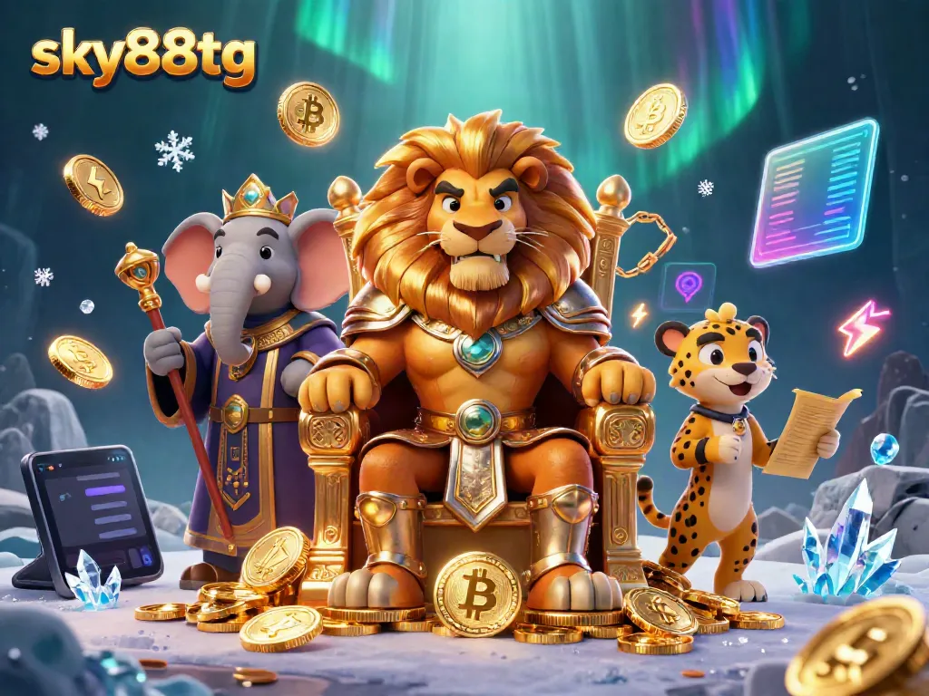 Experience gaming excitement with sky88tg's royal-themed casino adventure, featuring a lion king and vibrant gaming elements.