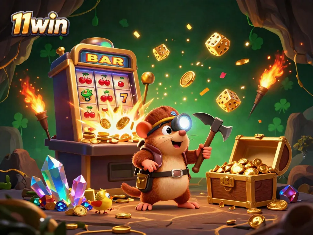 Experience the thrill of 11win with a treasure hunter mole and vibrant casino elements.