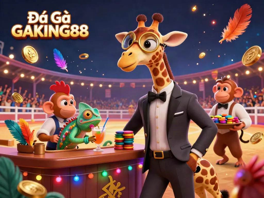 Experience the thrill of Đá Gà GAKING88 with a vibrant visualization of cockfighting action.
