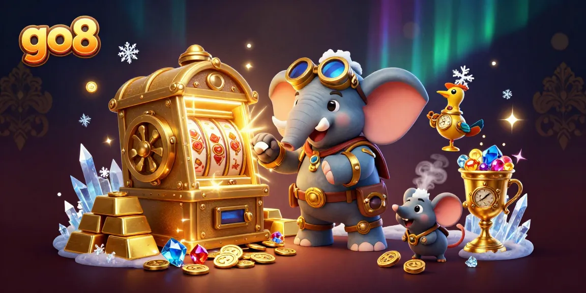 Spin the reels at go8 with vibrant treasures and steampunk characters in action, showcasing splendid casino excitement.