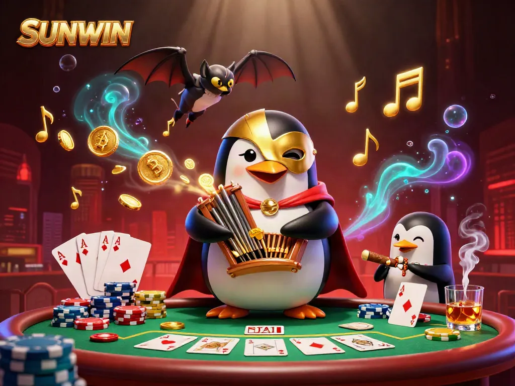 Experience the excitement of SUNWIN with a vibrant 3D scene featuring a penguin playing an organ that shoots coins amidst a bustling casino atmosphere.