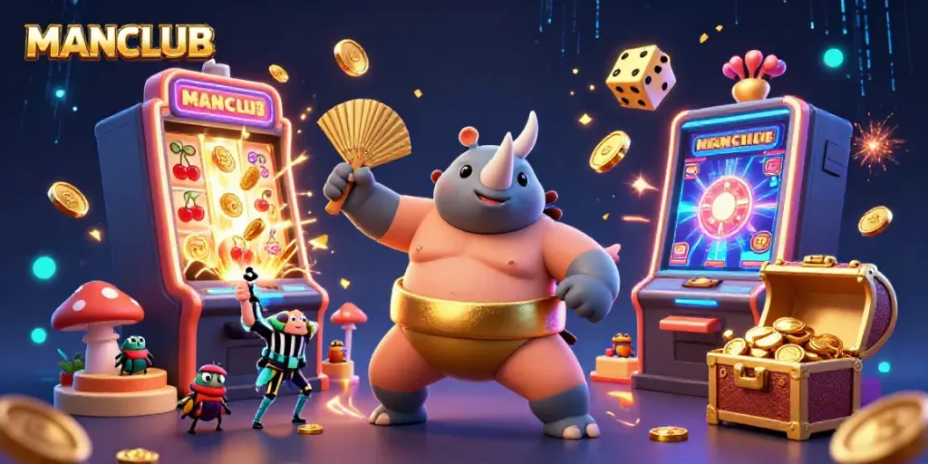 Experience the excitement of MANCLUB with dynamic casino-themed characters amidst flying coins.