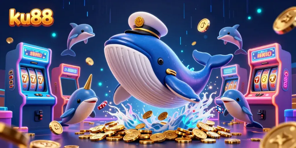 Experience thrilling excitement at ku88 with a colorful whale and dolphins in a vibrant casino scene.