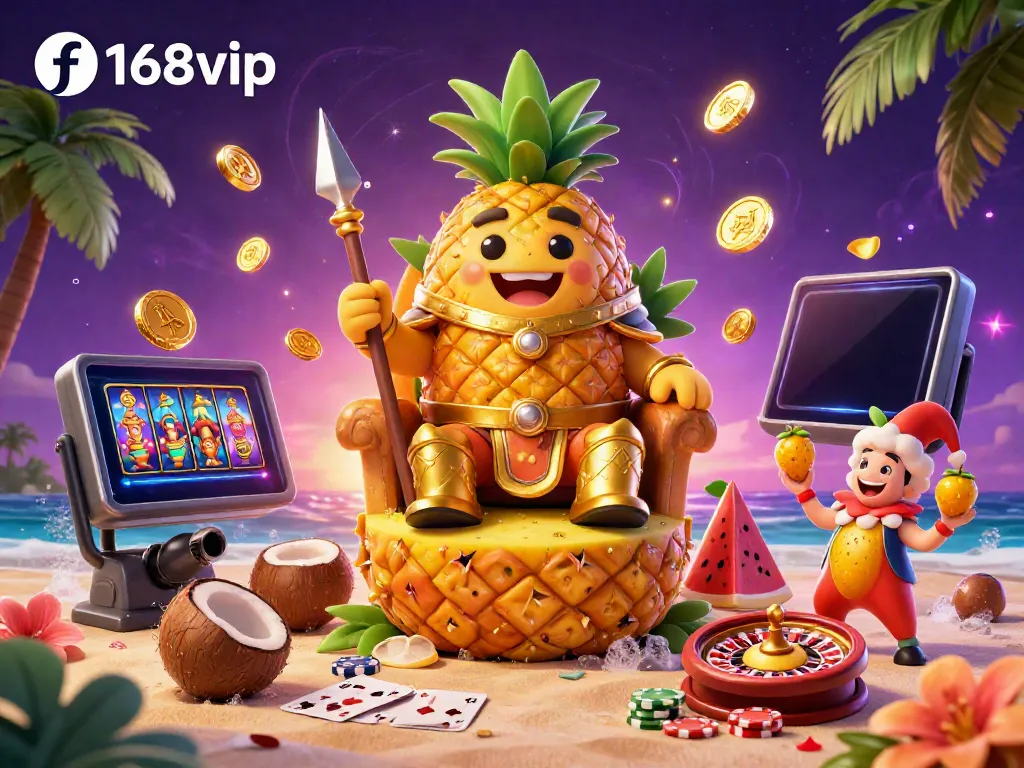 Experience vibrant gaming at f168vip with a golden pineapple king, playful characters, and exciting slot games.