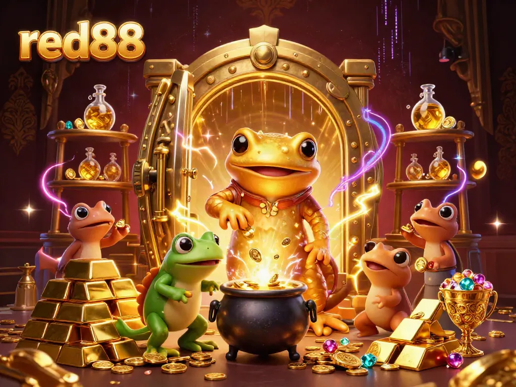 Experience the thrill of red88 with a vibrant 3D illustration of alchemy turning metals into gold coins.