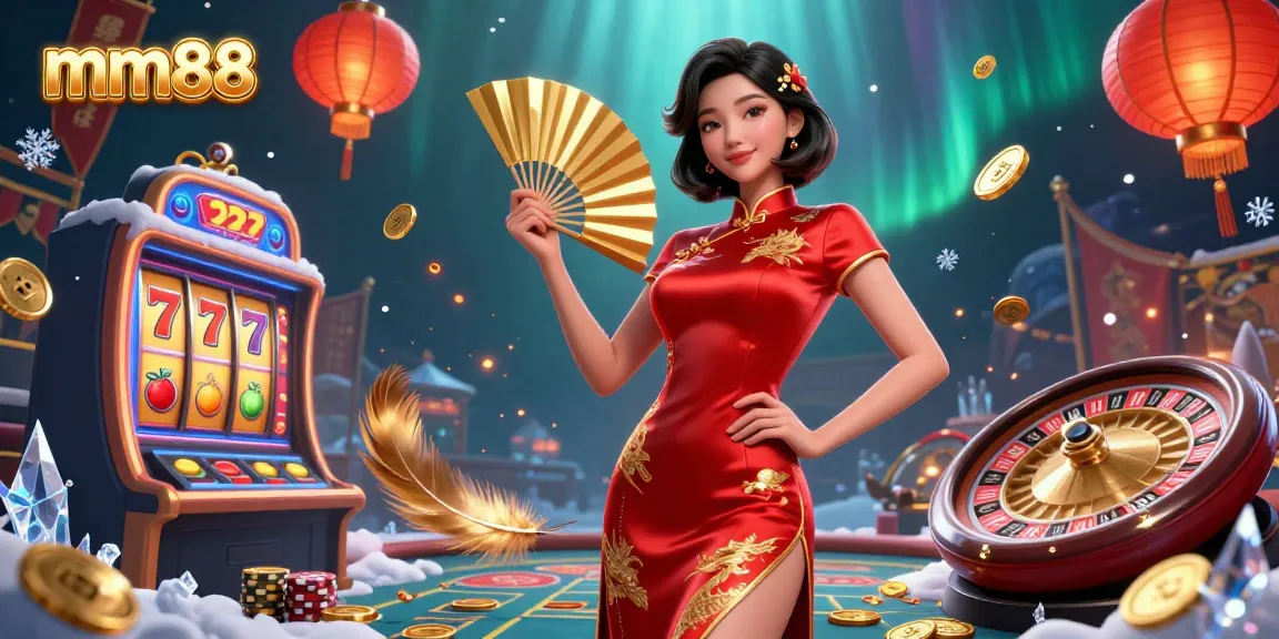 Experience thrilling mm88 casino action with a confident woman in a crimson qipao surrounded by vibrant game elements.