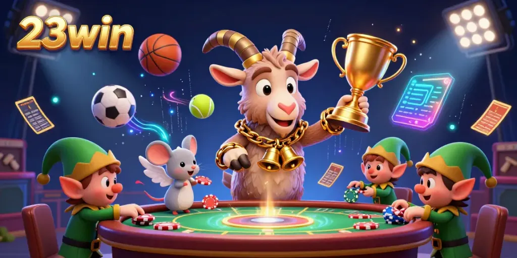 Experience the excitement of 23win with the Krampus goat and playful elves in a lively casino.