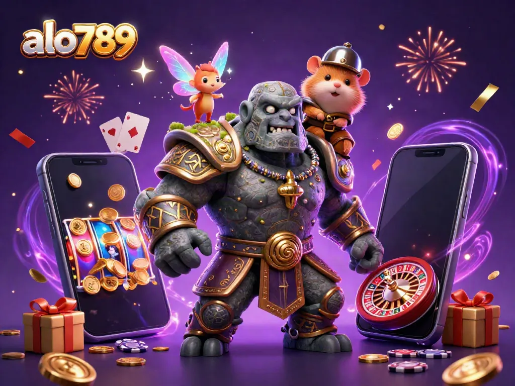 Experience the dynamic action of alo789 with a golem, fairy, and armored hamster in a vibrant casino scene.