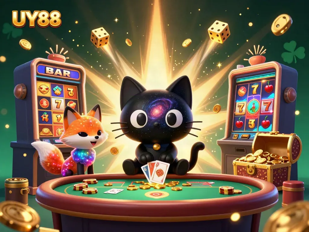 Experience the thrill of UY88 with vibrant casino action, golden chips, and dynamic gaming elements.