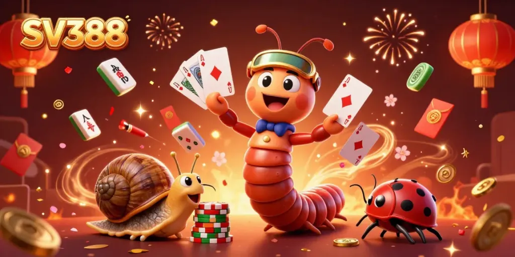 SV388 engaging players with a vibrant 3D casino scene featuring a millipede dealer and high-roller snail.
