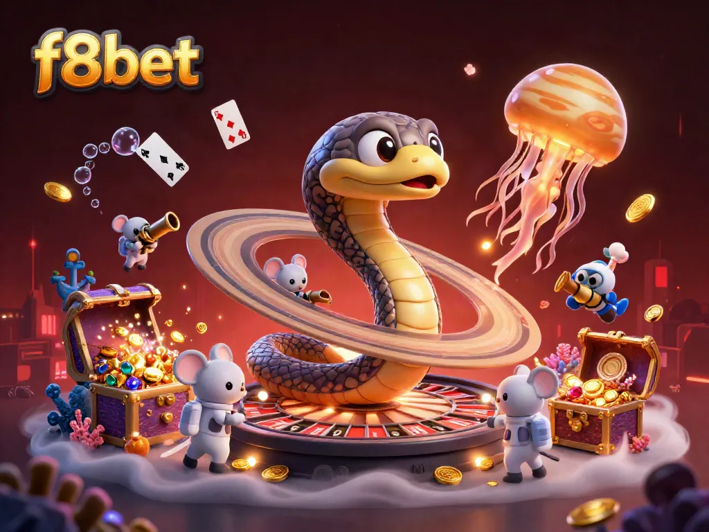 Experience the thrill of f8bet with cosmic gaming elements in this vibrant 3D illustration.