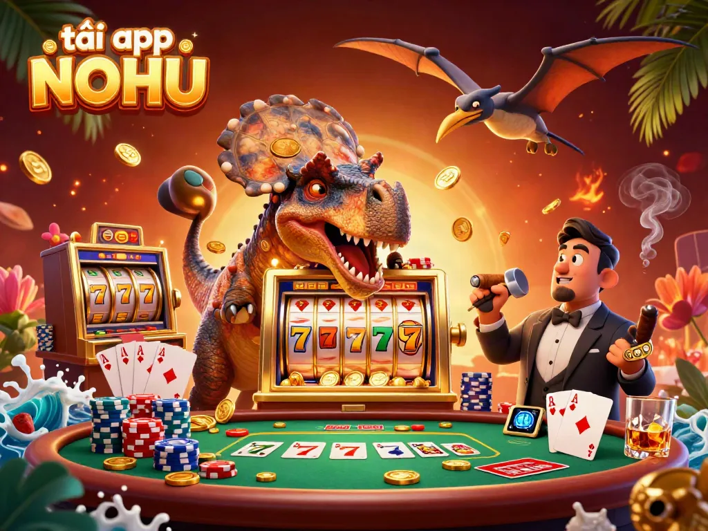 Experience excitement with tải app NOHU, featuring giant cartoon dinosaurs amidst a vibrant casino scene.