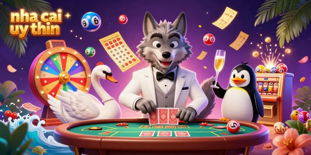 Engaging nha cai uy tin scene with a debonair wolf, elegant swan, and sophisticated penguin in a dynamic casino environment, illustrating exciting interactions.