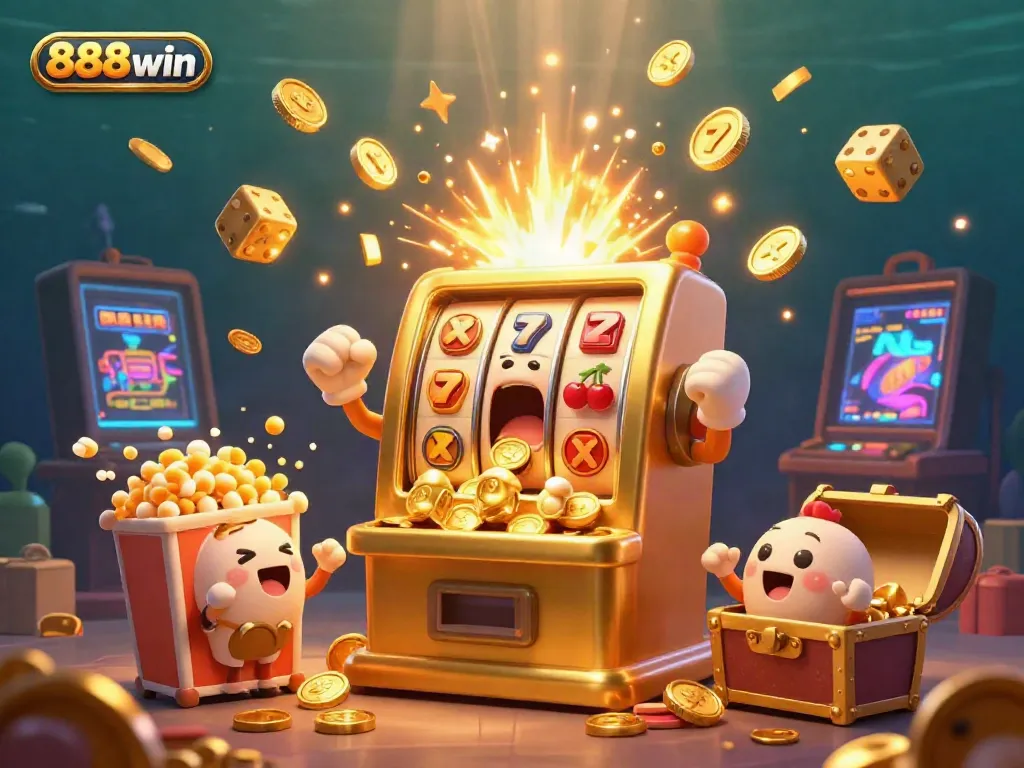 Experience the thrill of 888win with a vibrant slot machine celebrating wins amidst a flurry of casino excitement.