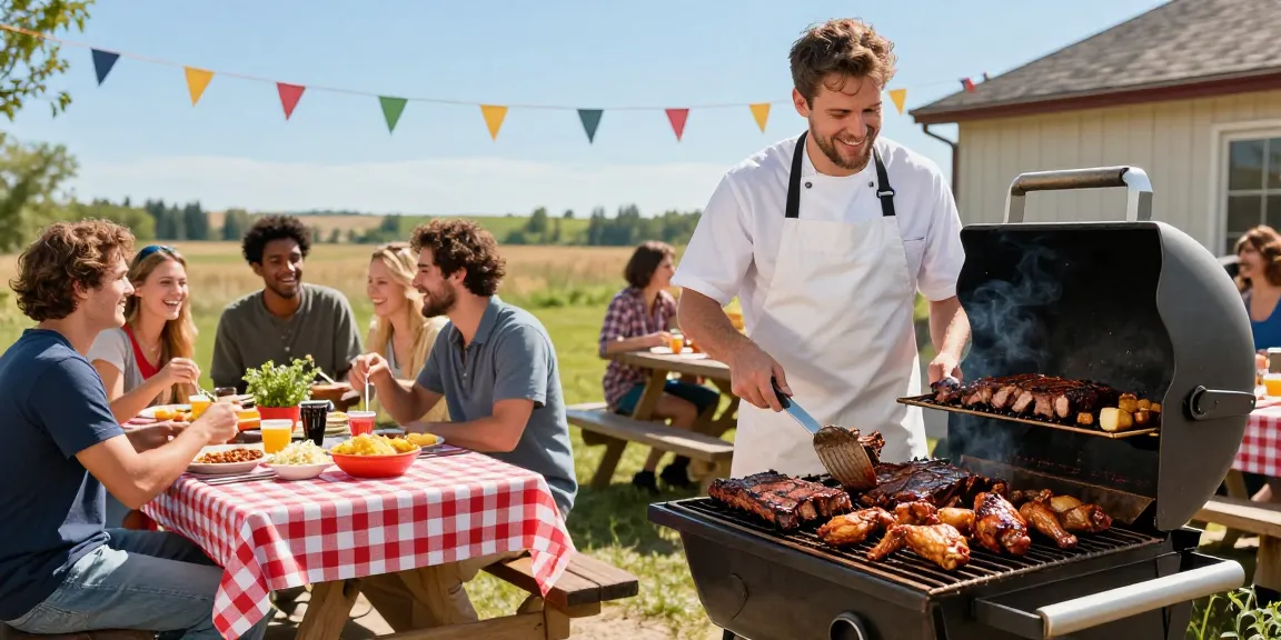 Delicious barbecue Alberta meats sizzling on the grill with friends enjoying the feast outdoors.