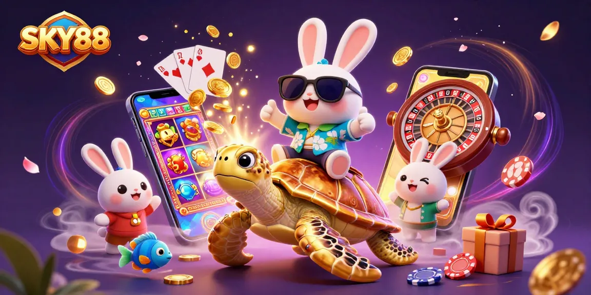 Experience the thrill of SKY88 with a colorful 3D illustration showcasing vibrant games and lucky symbols.