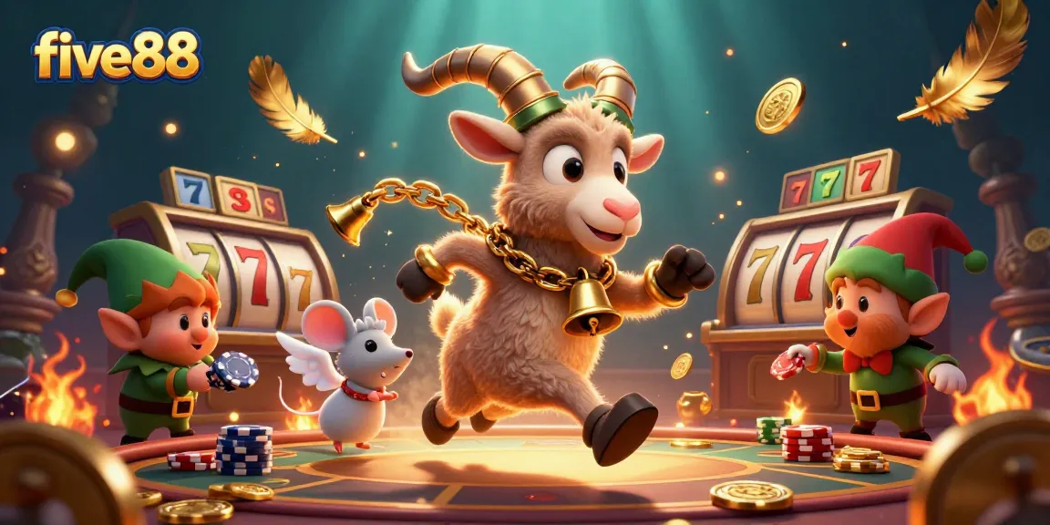 Experience the vibrant five88 casino world with Krampus, an angel mouse, and gremlins amidst a slot machine frenzy.