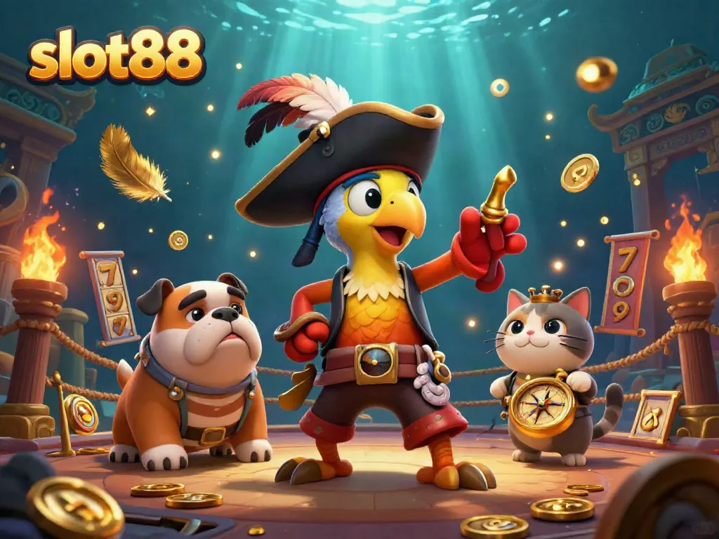 Spin the reels with slot88 in a vibrant casino-themed scene featuring animated pirate characters.