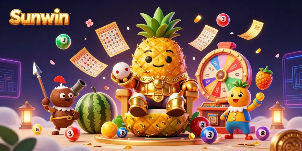 Experience the vibrant gamescape of Sunwin with a lively cartoon scene featuring exciting jackpots and entertaining characters.
