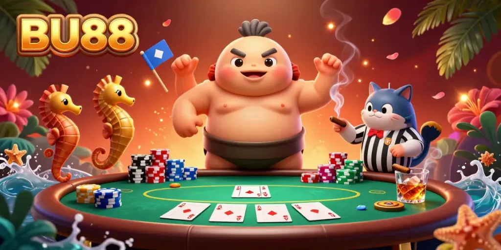 Engage with BU88's thrilling underwater poker showdown featuring fugu and referee catfish.