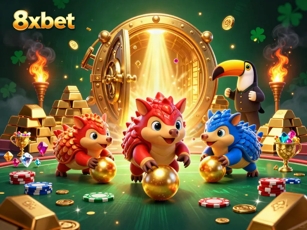 8xbet pangolins roll golden balls amidst casino chips, showcasing vibrant betting action.