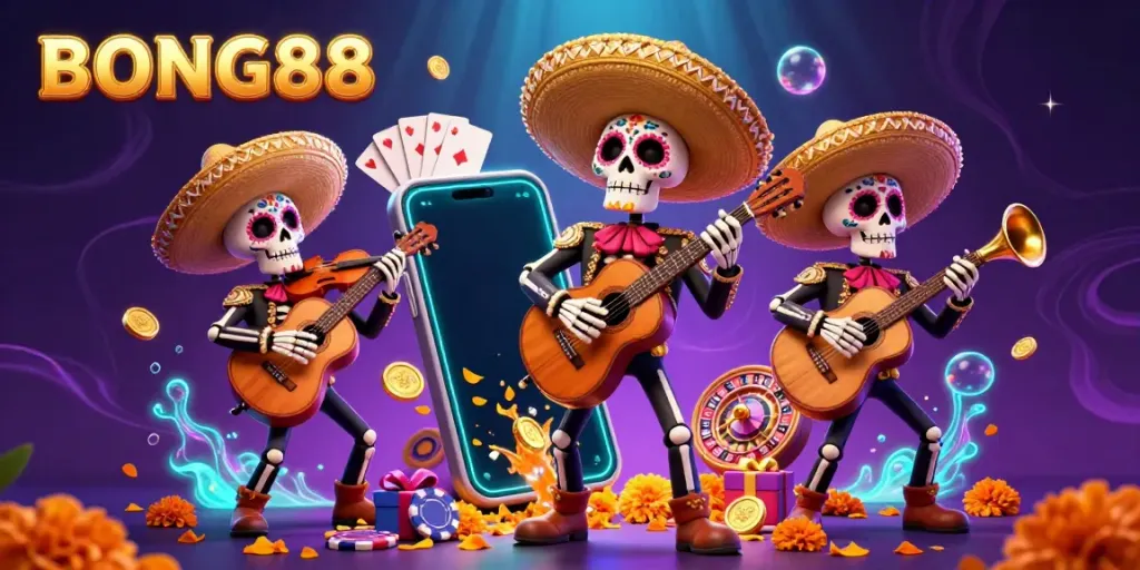 BONG88 players enjoying vibrant games amidst a festive mariachi scene with gold coins and slot elements.