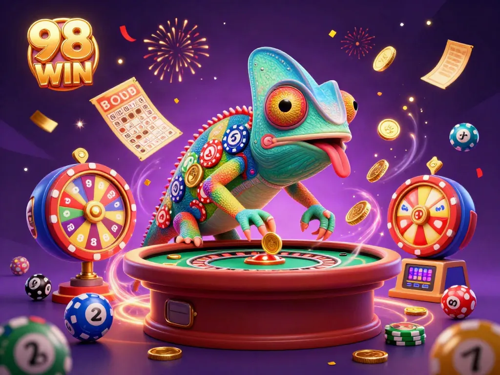 Experience vibrant gaming action with 98 WIN in this dynamic, colorful casino illustration.