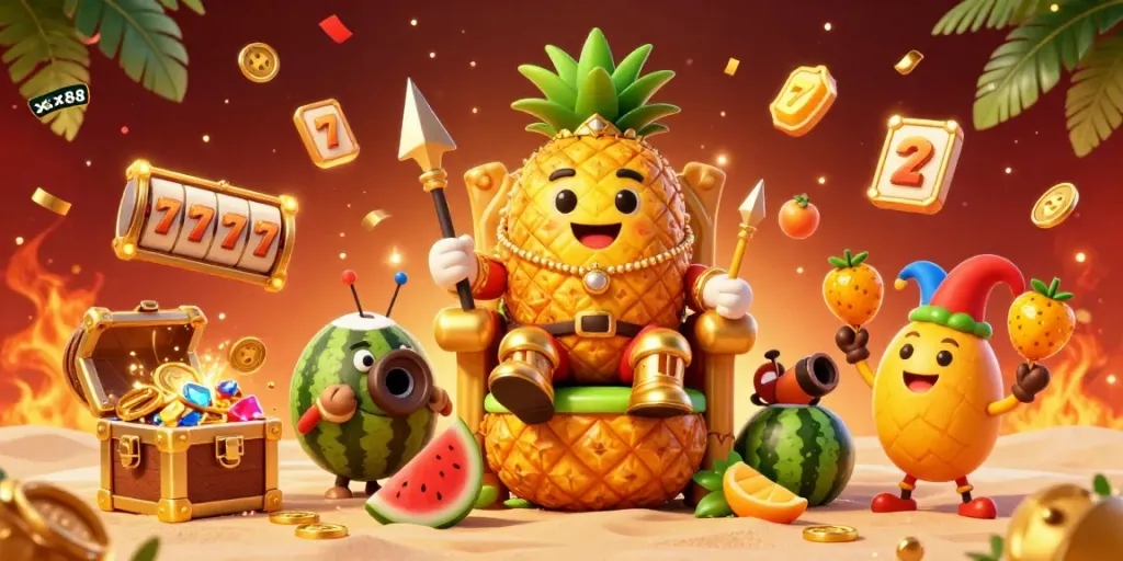 Engage with the vibrant gaming world of xx88, depicted with a pineapple king and festive elements in a casino setting.