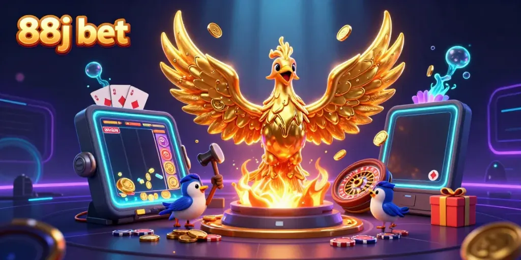 Experience the thrill of the 88j bet with dynamic casino elements and a golden phoenix in a vibrant illustration.