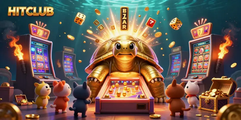 Join the fun with HITCLUB at this vibrant 3D casino scene filled with colorful gaming elements and excitement.