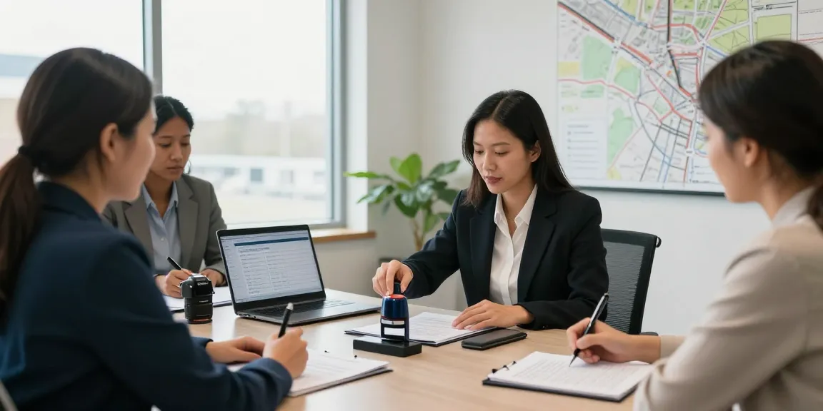 Notary public in Brampton, Ontario, assisting clients with document notarization in a professional office setting.