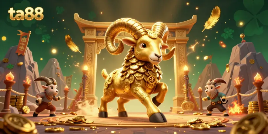 Bet on the powerful ta88 golden ram charging through a vibrant gambling arena filled with excitement.