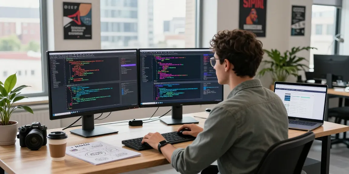 AI Agent software development workspace with developer coding on dual monitors and a view of the city.