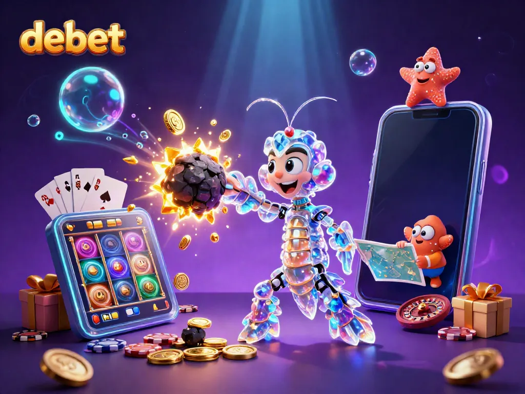 Engage in thrilling gameplay with DEBET's vibrant casino scene featuring exciting slots, rewards, and treasures.