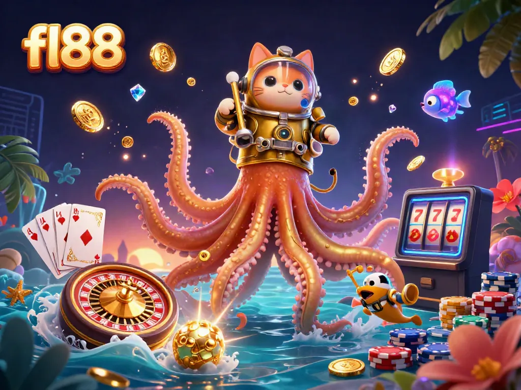 Experience thrilling gaming features at fl88 with immersive slots, a vibrant kraken, and dazzling treasures.